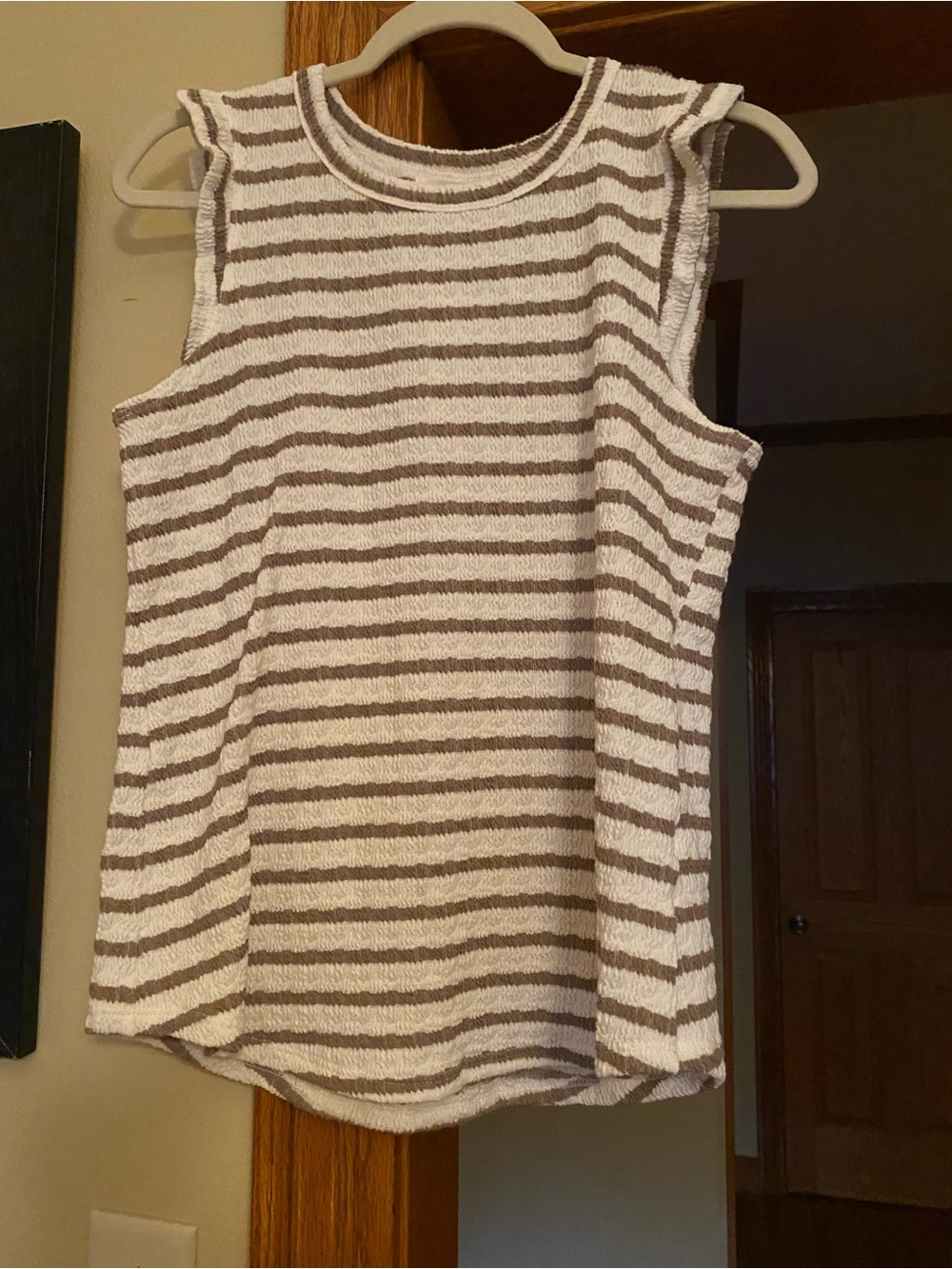 Women’s Sleeveless White and Light Brown Striped Knit Tank Top